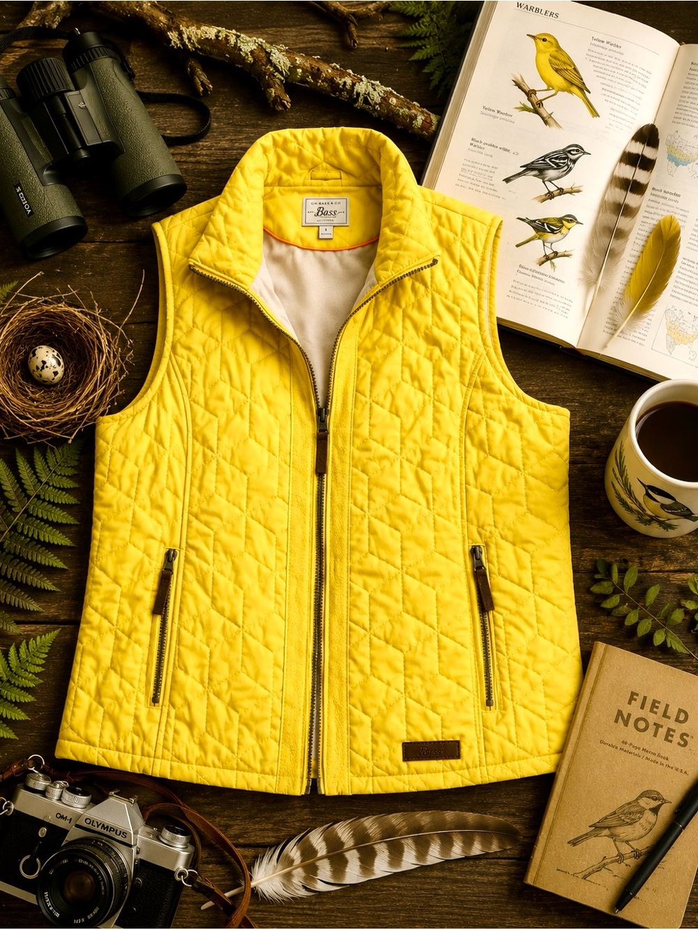 G.H. Bass & Co. Neon Yellow Quilted Puffer Vest Size Large Full Zip Gorpcore EUC